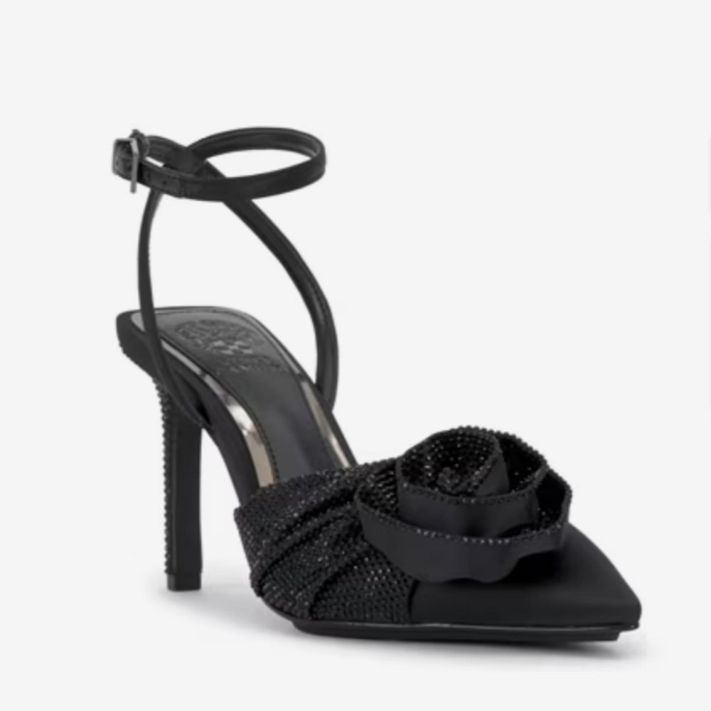 Vince Camuto Pumps 8 Black Satin Bonitaa Flower Rhinestones Pointed Toe New $130